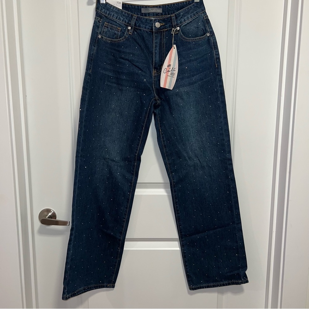 Cali 1850 Rhinestone Jeans Dark Wash Straight Leg NWT Size 7/28